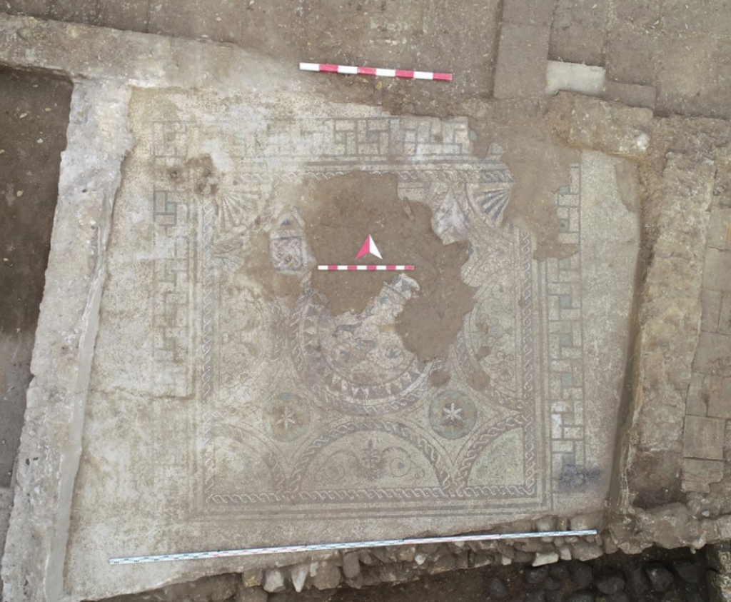 The South Hall, a later addition to the Roman residence, features a mosaic pavement with a simplified Late Roman decorative scheme, including a central kantharos with vine tendrils and animal figures. Traces of fresco decoration also survive on the walls. Credit: Özgen, H. M. (2026)