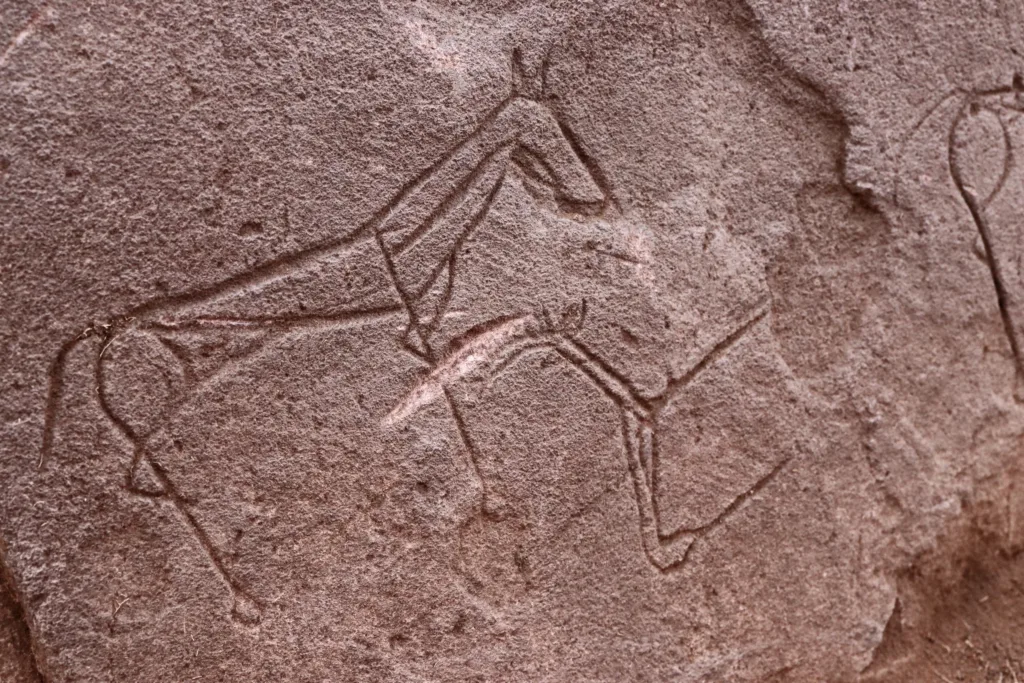 Figures of two horses and a goat engraved on a stone slab discovered during excavations of an Early Iron Age Tagar kurgan in Khakassia. Credit: Joint expedition of the Federal Research Center of Coal and Coal Chemistry, Siberian Branch of the Russian Academy of Sciences, and the Institute of Archaeology and Ethnography, SB RAS.