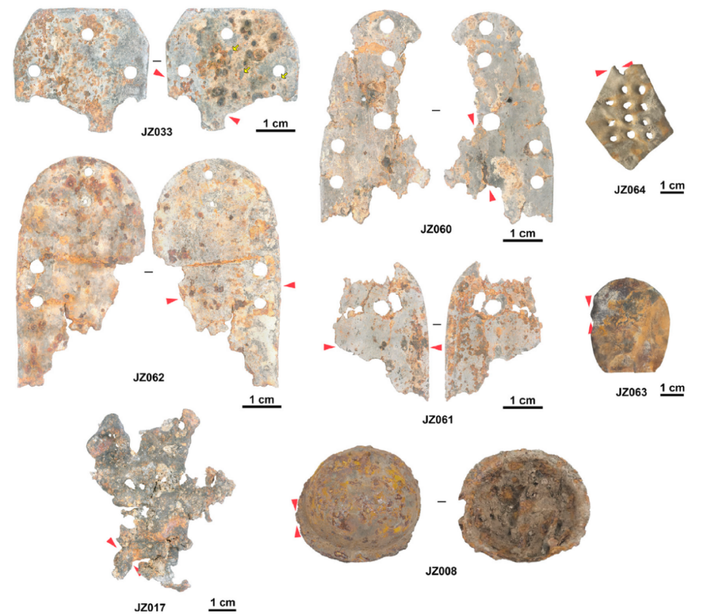 Tinned iron armor fragments, tinned iron decorative bosses, and tin materials unearthed at the Jizhong site. Credit: University of Science and Technology Beijing (USTB)