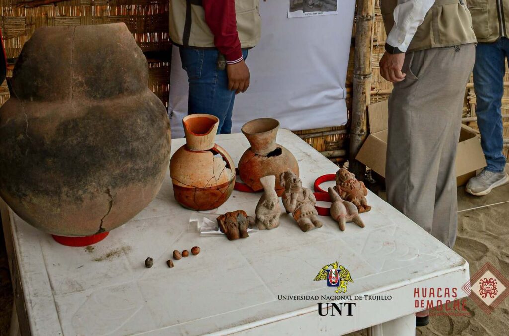 
Researchers at the Huacas de Moche Archaeological Complex uncovered the burial of a child about 18 months old in the ancient urban center, accompanied by offerings including whistles, rattles, and a sculptural vessel. Credit: Huacas de Moche via Facebook