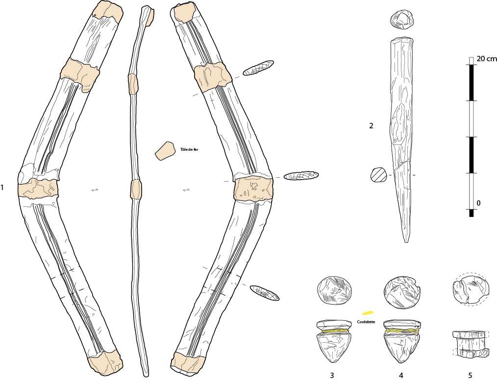 Graphic reconstruction of wooden objects from Urville-Nacqueville, including the throwing stick and two bolas. Illustration: F. Blondel / University of Geneva.