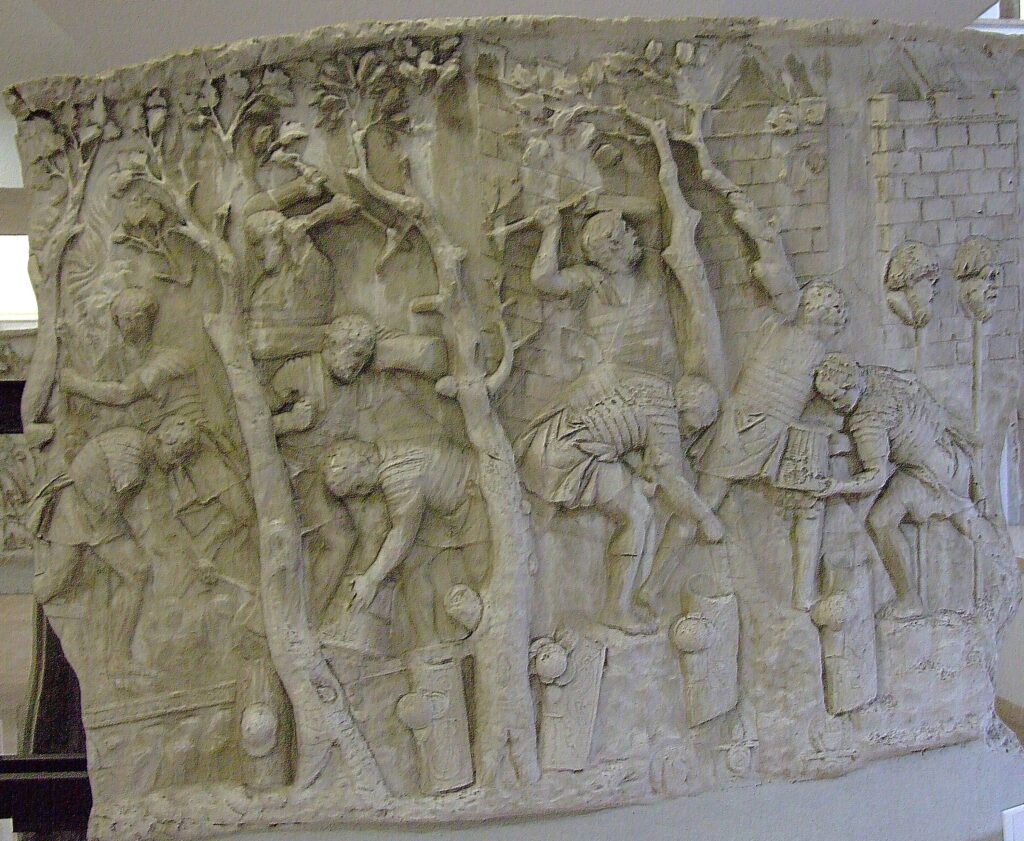 Detail from Trajan’s Column in Rome, dating to the 2nd century AD, depicting Roman legionaries using various dolabra tools during military operations. 