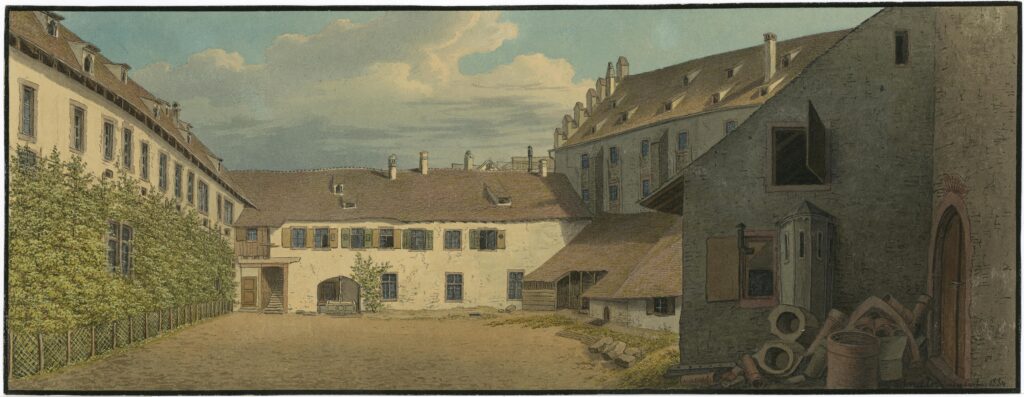 A 19th-century watercolor by Johann Jakob Schneider showing buildings from the former Gnadental Convent in Basel, Switzerland.
