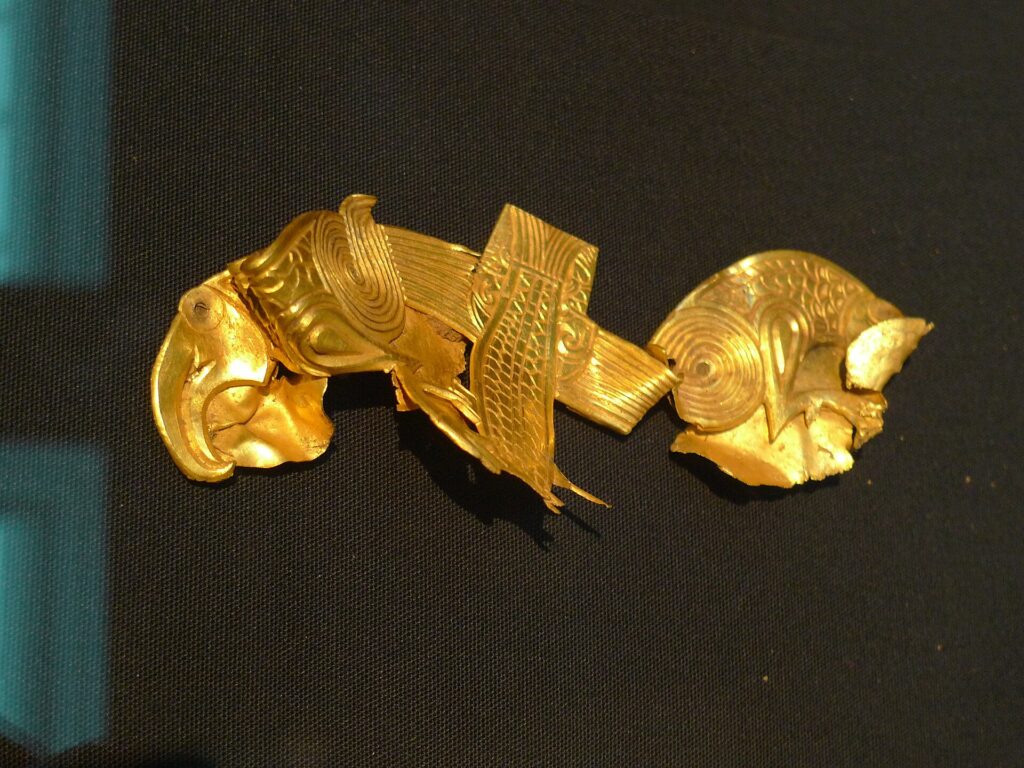 Intricately decorated Anglo-Saxon sheet-gold plaque discovered in the Staffordshire Hoard.