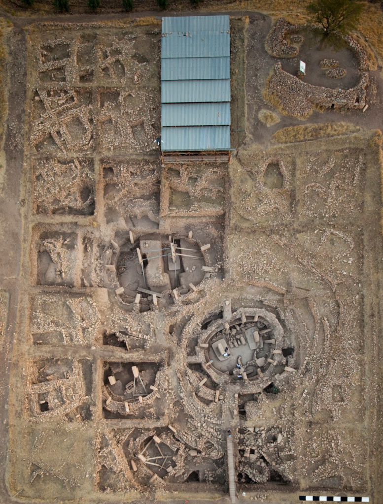 Aerial view of the main excavation area, showing circular enclosures A, B, C, and D and a number of rectangular structures. Credit: Public Domain