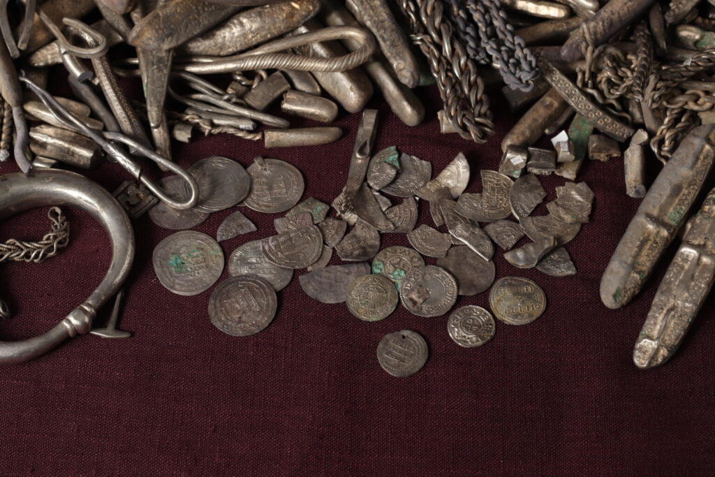 The hoard contains both Arabic and Anglo-Saxon coins, reflecting the long-distance connections that linked Viking Age Scandinavia with Europe and regions far to the east. Credit: Nordjyske Museer