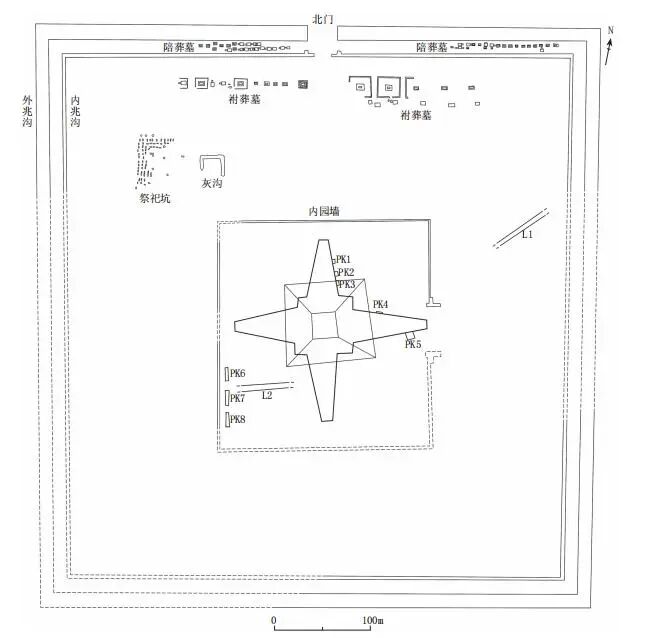 Archaeological layout of the Shangzhaoyao Qin royal mausoleum in China, showing the central tomb and surrounding graves.