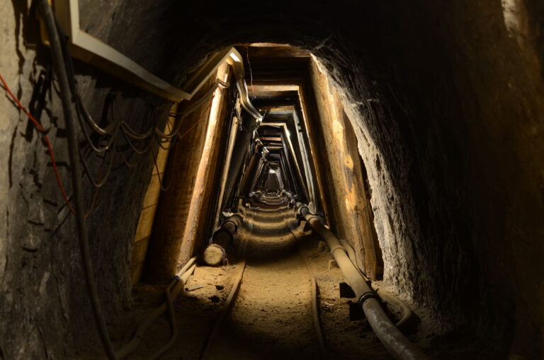 Underground tunnel inside the Hallstatt salt mine in Austria.