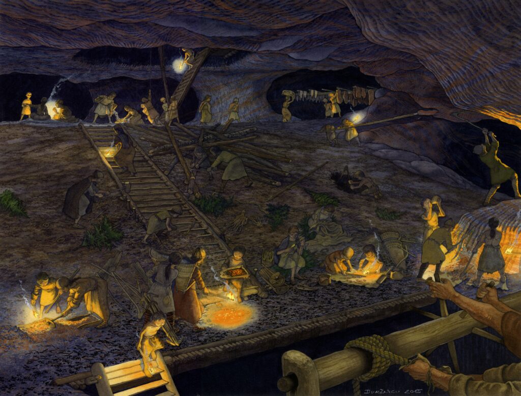 Reconstruction showing prehistoric miners working inside the Hallstatt salt mine.