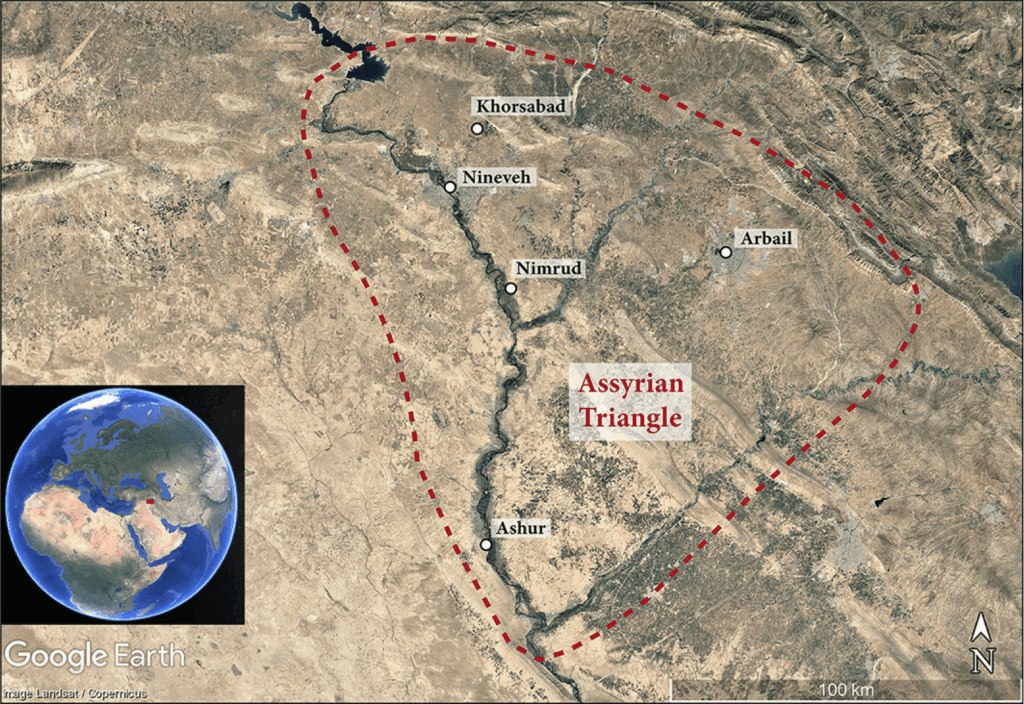 The ‘Assyrian Triangle’ in northern Iraq (figure by F. Simi using Google Earth Pro; basemap image: Landsat/Copernicus). Credit: Morandi Bonacossi, D., & Simi, F. (2026)