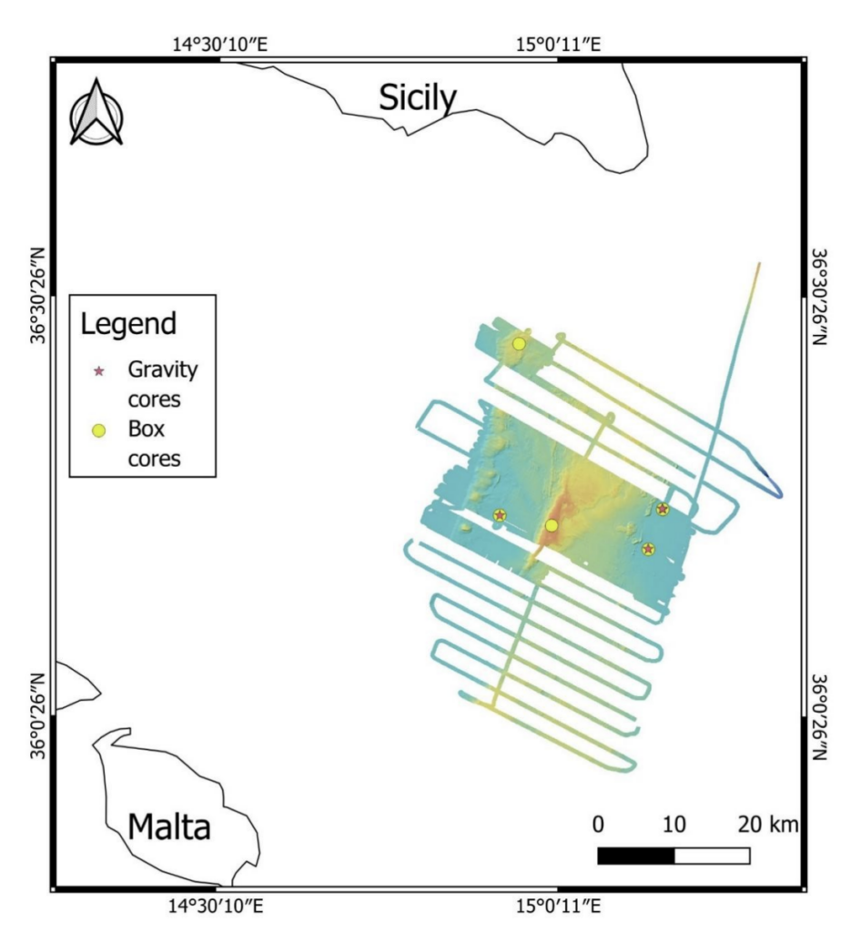 Map of the Sicily–Malta region showing multibeam bathymetric survey areas, CHIRP seismic profiles, and sediment sampling locations from the BRIDGES_2 expedition.