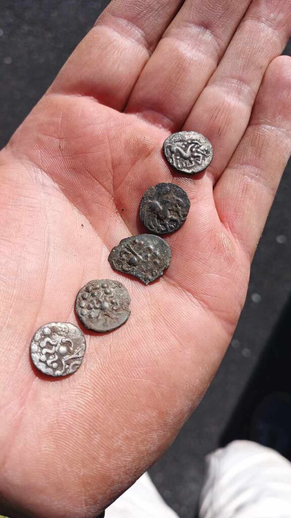 Five of the Celtic quinarii shortly after their recovery from the dark soil layer at Singen.