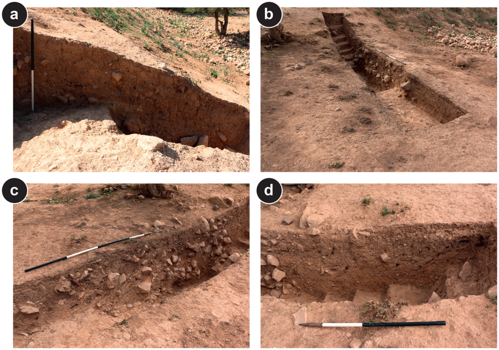 Excavation views of Trenches 3 and 3.1 at Oued Beht, showing the embankment, ditch deposits, and associated defensive wall.