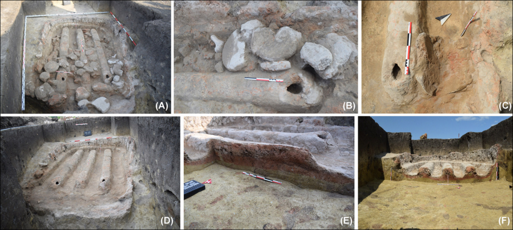 General views and details of the kiln: A) grate slabs in situ; B & C) collapsed slabs; D) lower chamber after slab removal; E & F) cross-sections through channels and supports