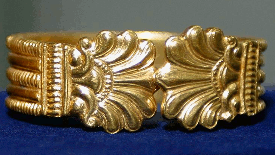 Gold bracelet with elaborate decorative motifs from the royal tombs at Nimrud.