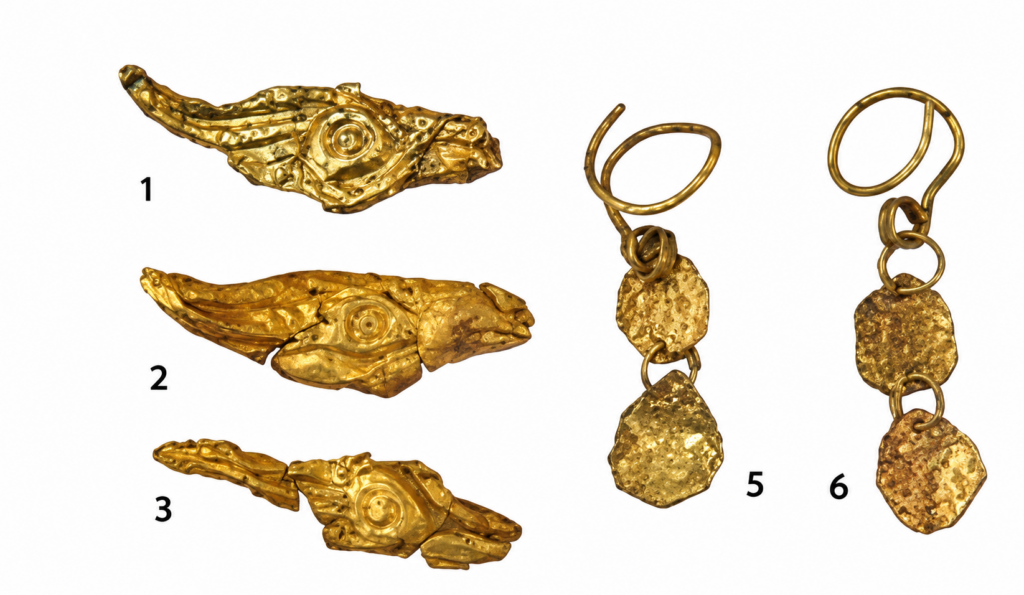 Gold zoomorphic appliqués (1–3) and pendant earrings (5–6) from the Pazyryk burial in Mound No. 31 at Khankharinsky Dol.