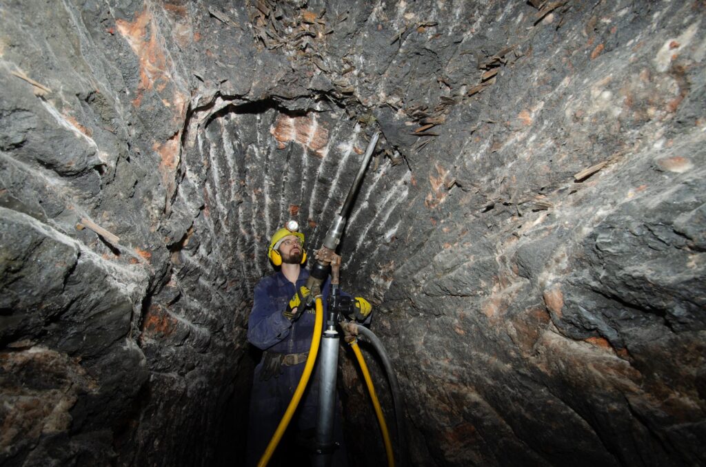 Daniel Brandner conducting exploratory drilling inside the Hallstatt salt mine in Austria.