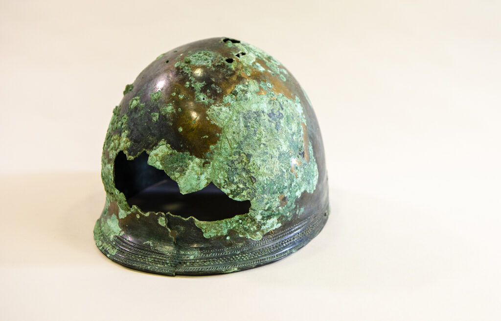2,000-year-old helmet buried with the North Bersted warrior in West Sussex, Britain
