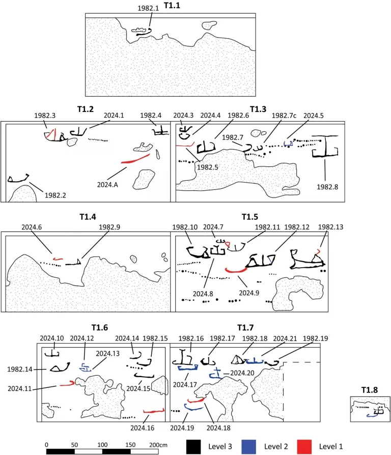 Illustration of all ship graffiti recorded on the southern wall of Temple 1 at Kition, with stippled areas indicating major damage.