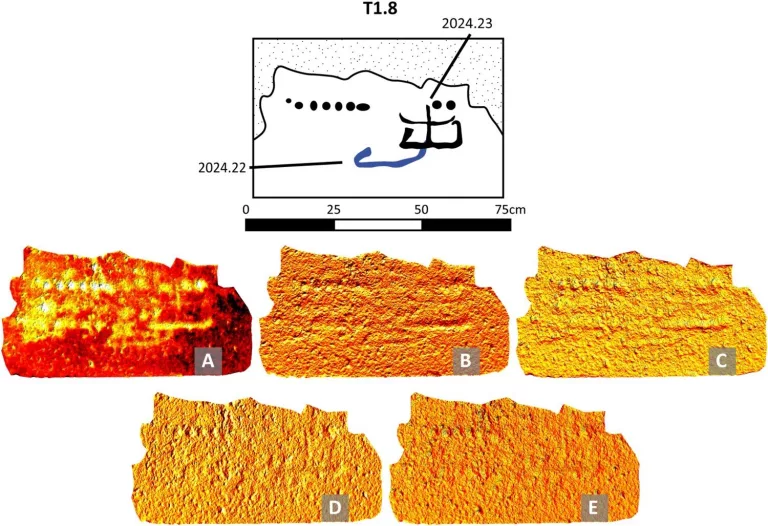 Illustration of ship graffiti on a single temple block, revealed through different laser-scan analyses.