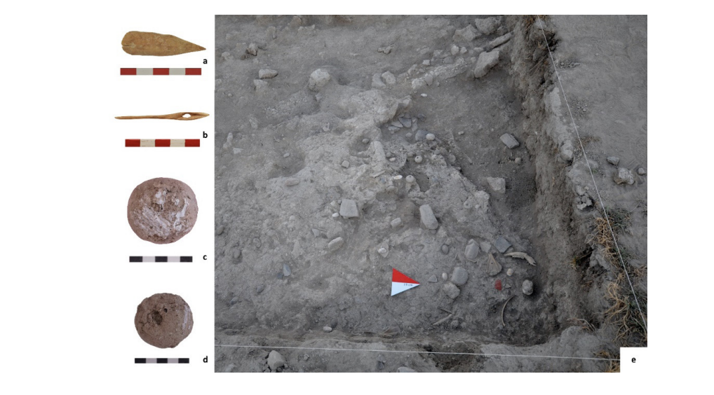 Archaeological finds from Ekşi Höyük, including a possible weaving shuttle, bone needle, unbaked clay spindle whorls with straw-mat impressions, and their excavation context.