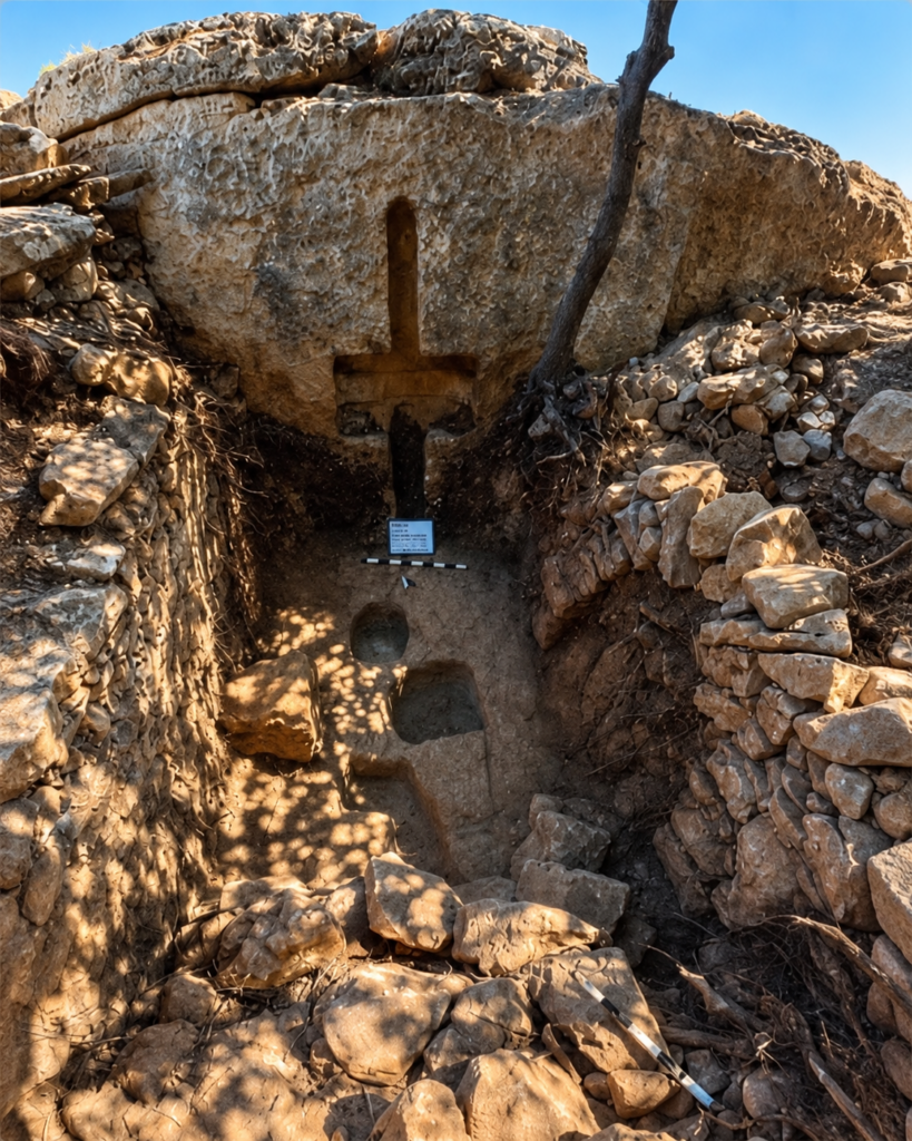 Archaeological remains uncovered at Khirbet Qabla during Yarmouk University’s 2026 excavation season in northern Jordan. The site has revealed evidence of agricultural production, religious activity, and burial practices spanning several periods. Credit: Yarmouk University