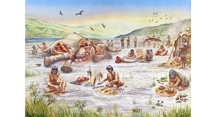 Illustration showing human groups exploiting animal resources around ancient Lake Tagua Tagua in Chile.