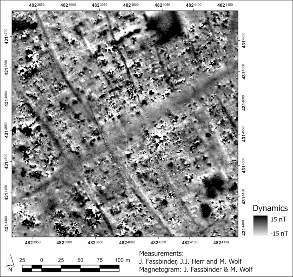 Magnetometer survey, preliminary results from one sector east of the acropolis (by J. Fassbiner, J.-J. Herr & M. Wolf; © NiLTAP). Credit: Morandi Bonacossi, D., & Simi, F. (2026)
