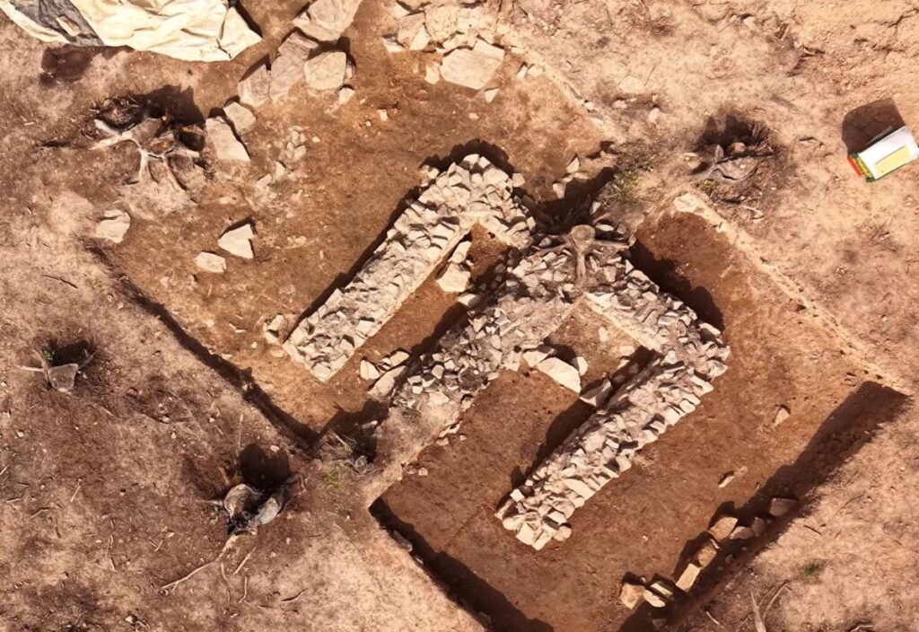 Aerial view of the excavated Roman Temple of Mars at Kapersburg.
