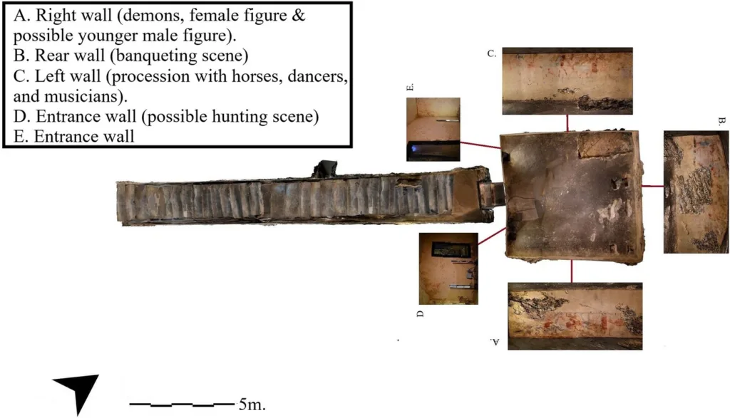 Ground plan of the Tomba del Gallo with tomb paintings. Model created by J. K. Ortoleva in Agisoft Metashape version 16.1. After: J.K. Ortoleva (2023a). Credit: Forte, M., Ortoleva, J.K, 2026
