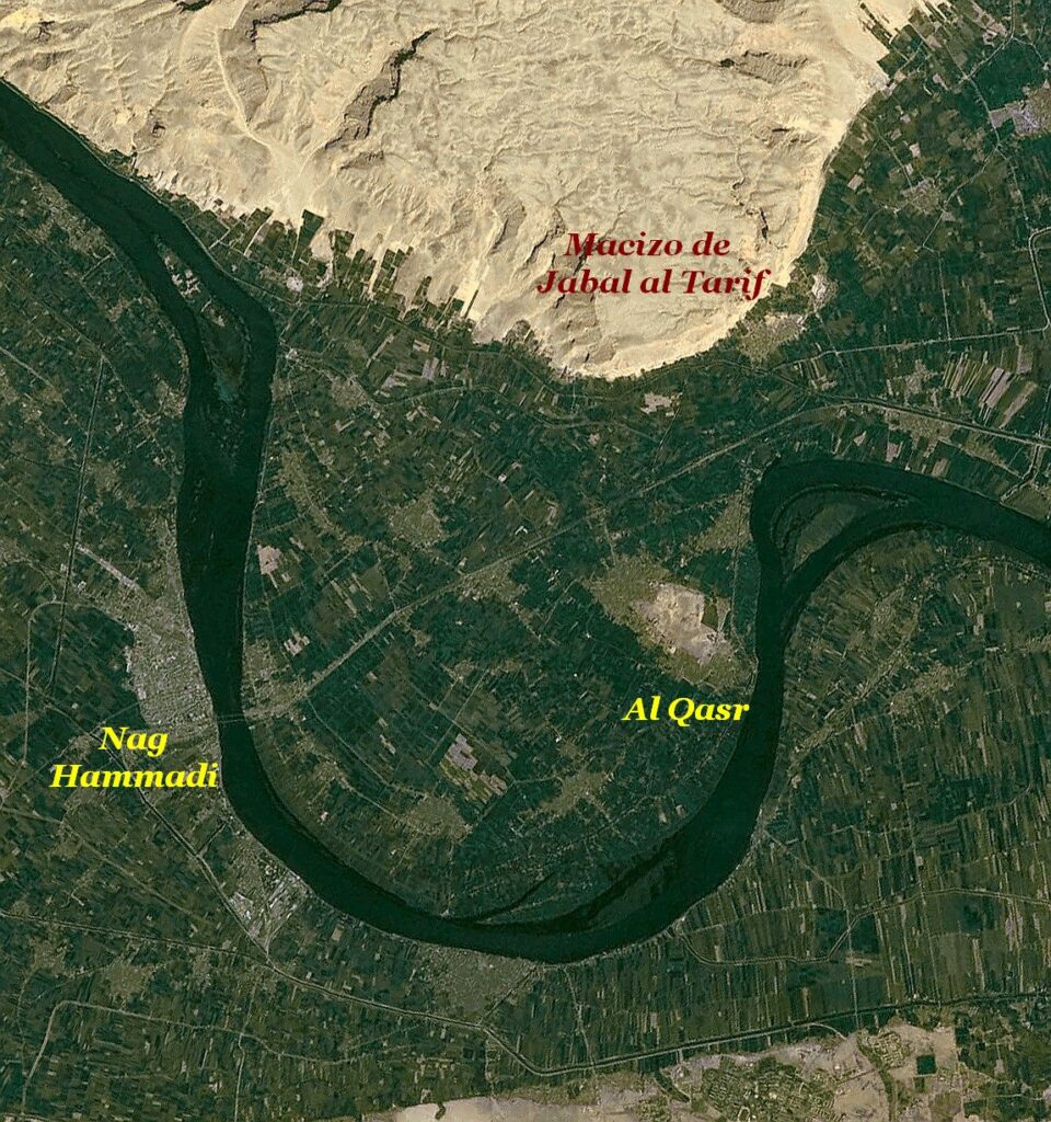 Satellite map showing Nag Hammadi and the Jabal al-Tarif cliffs in Upper Egypt.
