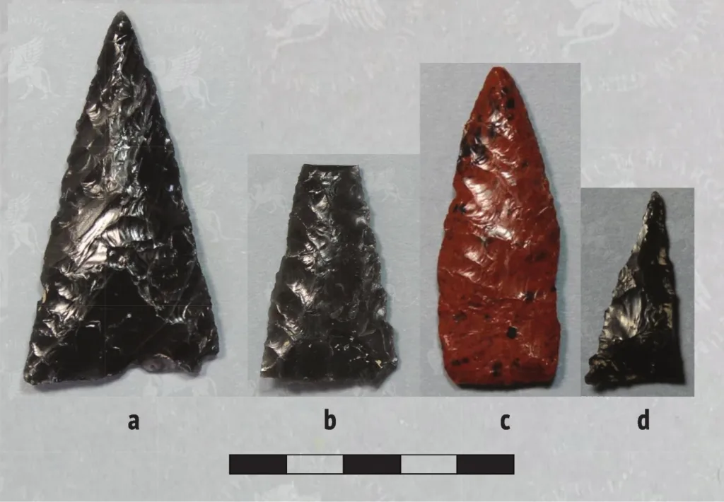 Examples of Paracas projectile points from Jauranga, Cutamalla, and Collanco, showing different levels of preservation and reuse.