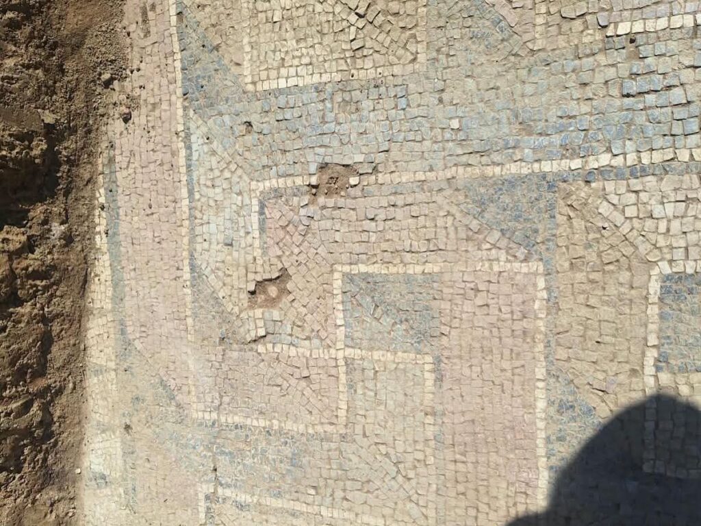 Close view of a fourth-century mosaic pavement uncovered at Qesarat in Albania.