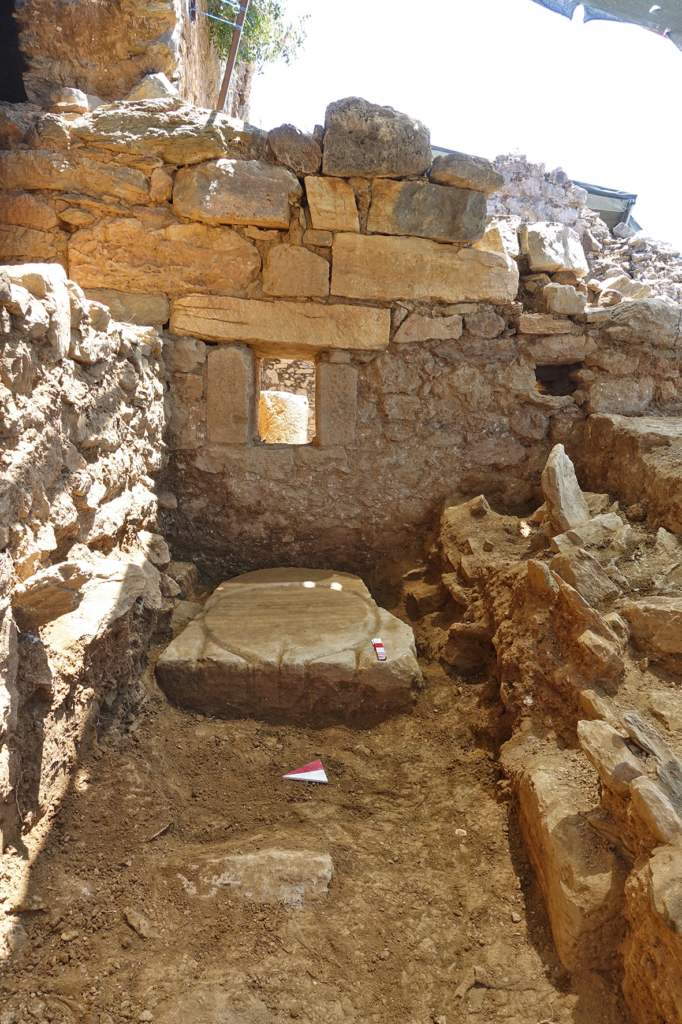 Rectangular opening constructed in a new wall across the hall to support a press beam, positioned directly above the stone press bed, shown here in situ.