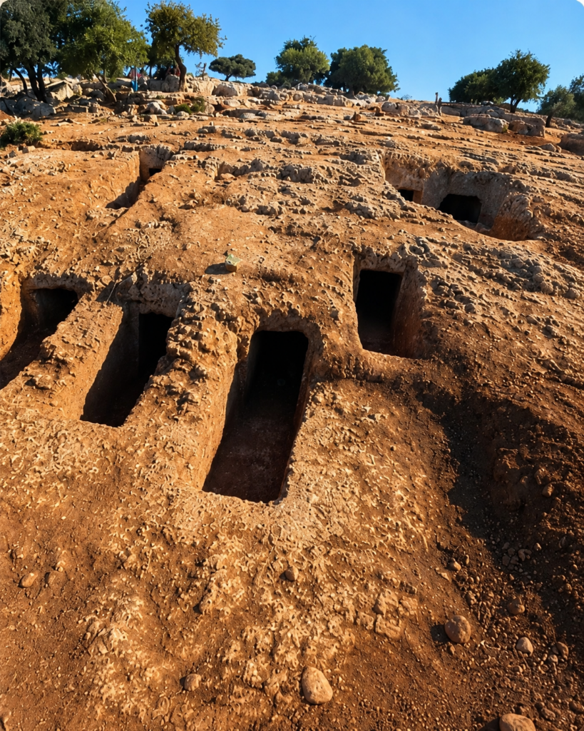 Rock-cut tombs uncovered at Khirbet Qabla. Excavations at the site revealed individual and family burials dating to the Roman and Byzantine periods. Credit: Yarmouk University