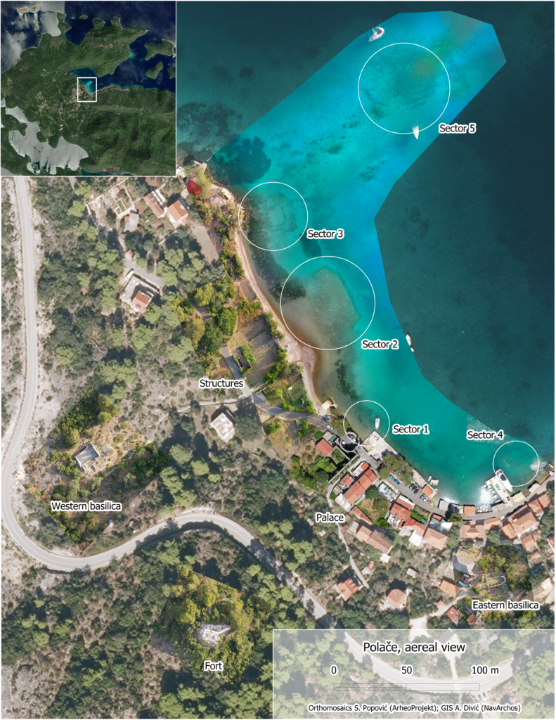 Aerial archaeological map of Polače Bay showing the Late Antique palace, basilicas and underwater research sectors along the Adriatic coast.