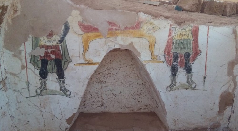 Painted funerary scene inside the Roman-era tomb at Bir Al-Shaghala in Dakhla Oasis.