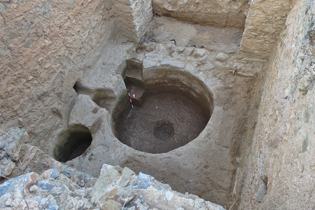 Room 3 of the Small Bath at Antiochia ad Cragum, showing a branching channel leading into two collection vats