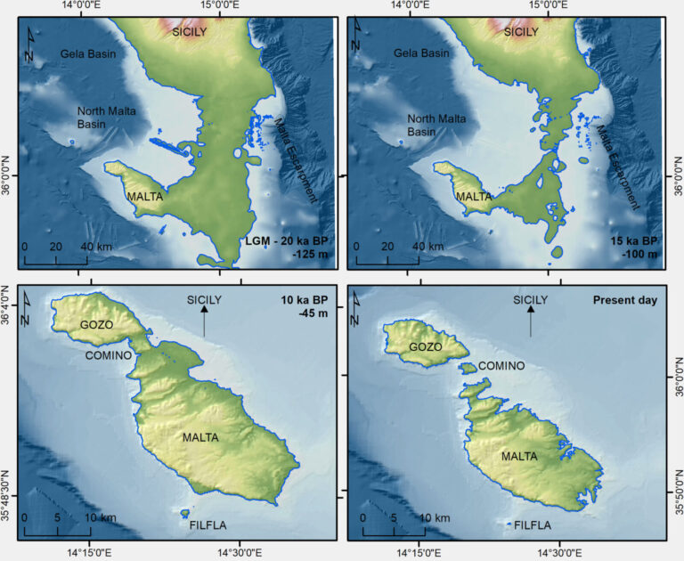 Paleogeographic reconstruction showing the ancient land connection between Sicily and Malta during the last Ice Age.