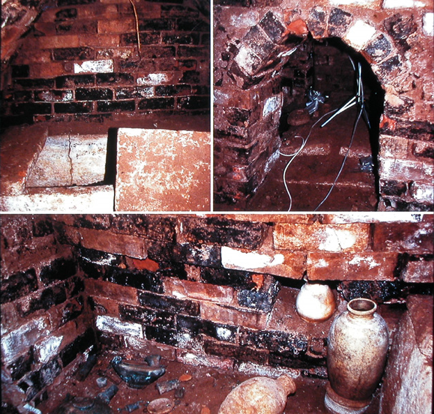 Interior views of Tomb II beneath the Northwest Palace at Nimrud, showing the brick-built burial chamber and grave goods.