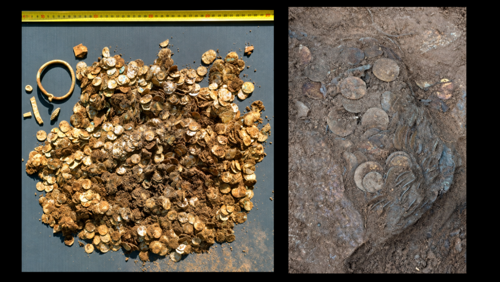Finland’s largest known Viking Age silver hoard, discovered near Sysmä, includes thousands of coins along with a silver bracelet and other objects. Credit: Esko Tikkala, Lahden Museot