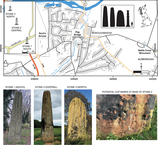 The Devil's Arrows (Scheduled Monument Number: 1014705) are an alignment of (currently) three unevenly spaced standing stones on the western outskirts of Boroughbridge, North Yorkshire. Credit: Anthony Clarke, Jim Leary, Chris Kirkland, 2026