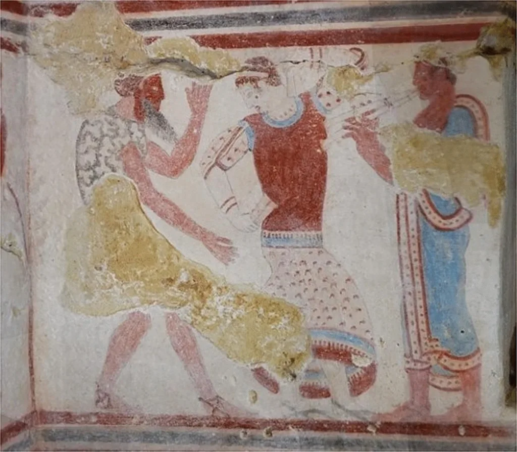 Tomb painting in the Tomba del Gallo with a female and male masked dancer and male players. Photograph: C. S. Ortoleva. After: J.K. Ortoleva (2022), Appendix 3H. Credit: Forte, M., Ortoleva, J.K, 2026