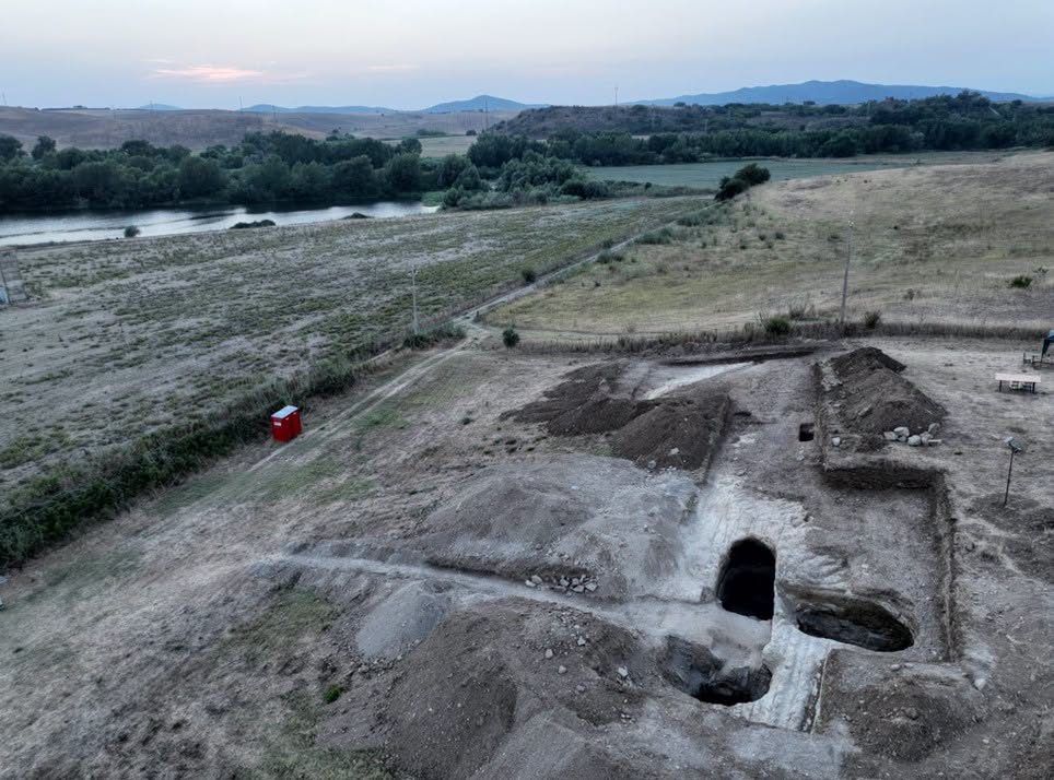 Ancient Etruscan burial chamber with stone-block walls uncovered at Vulci, Italy.