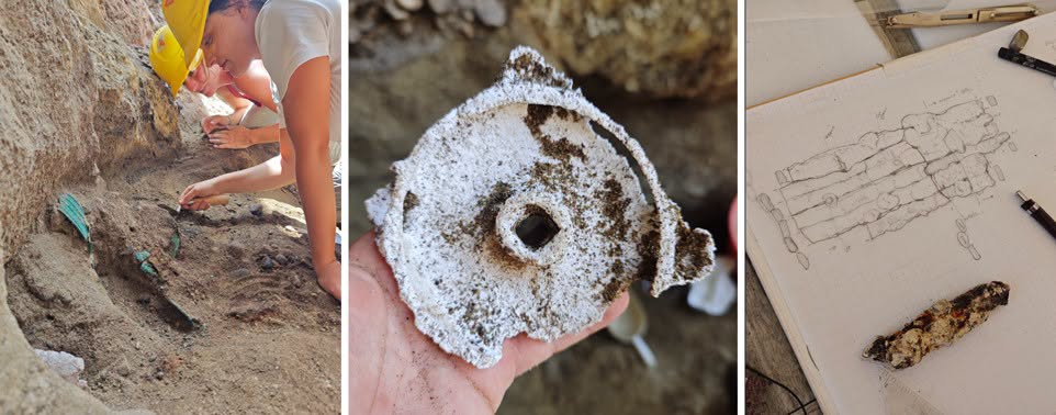 Three-part image showing an archaeologist excavating a metal artifact, a circular fitting, and a drawing of an ancient iron object.