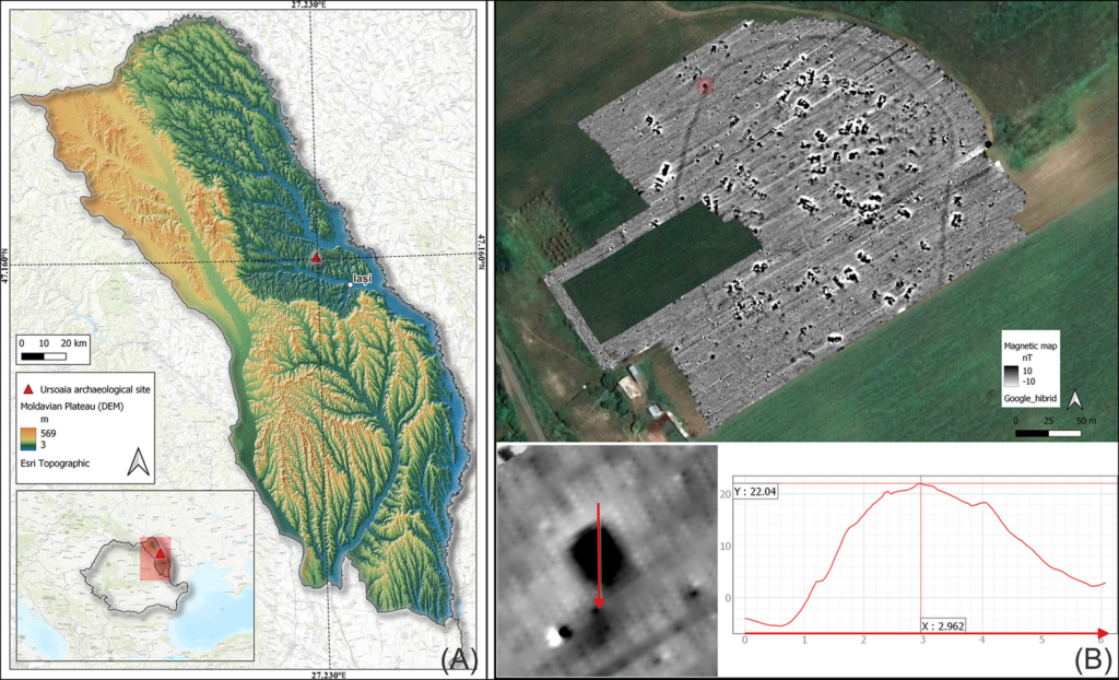 A) location of the Ursoaia settlement; B) magnetic map of the site and the anomaly corresponding to the kiln