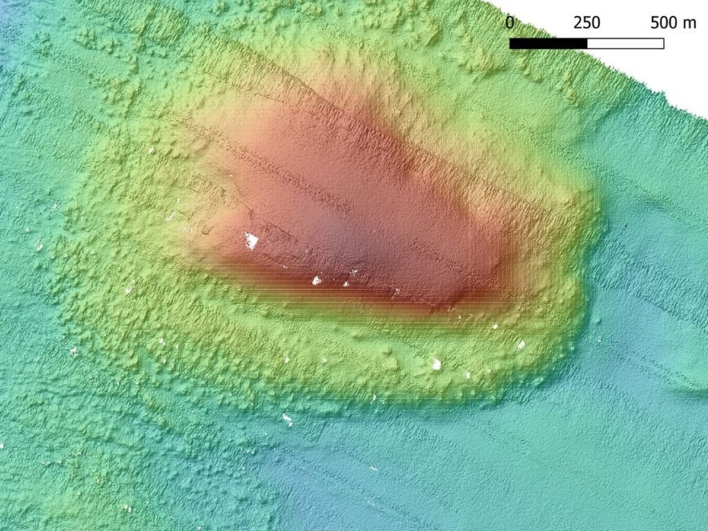High-resolution bathymetric map showing the underwater terrain of the ancient Sicily–Malta land bridge, with a raised central formation and surrounding seabed.