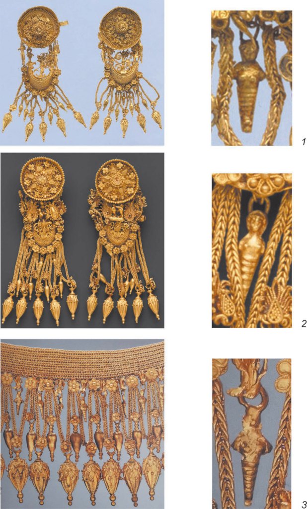 Gold earrings and a necklace detail from Madytos, western Asia Minor, and Theodosia showing hybrid female figures with bee-like lower bodies.
