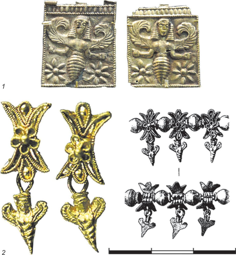 Electrum plaques from ancient Rhodes compared with gold divider pendants from the Oguz Kurgan necklace, both showing hybrid female figures with bee-like bodies.