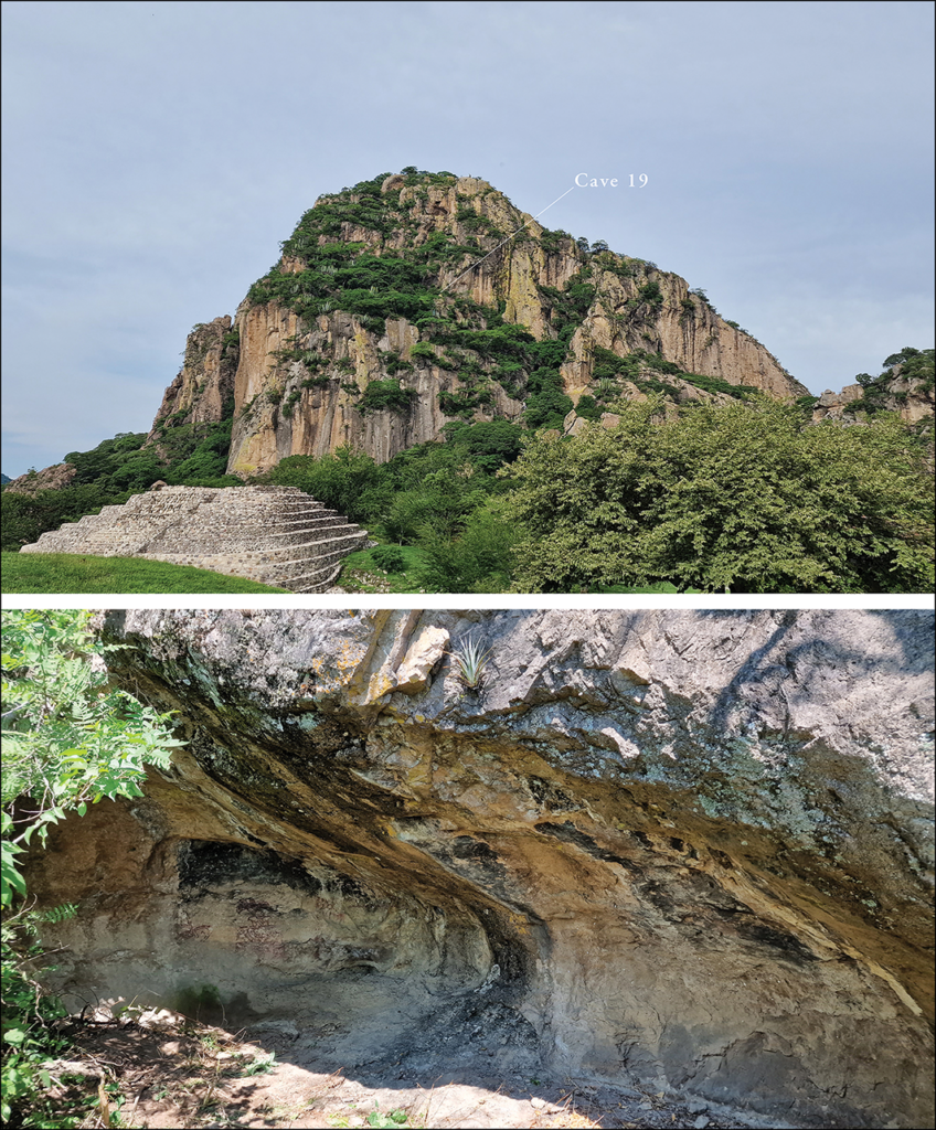 Cerro Delgado showing the location of Cave 19 and painted Teotihuacan glyphs preserved inside the rock shelter.